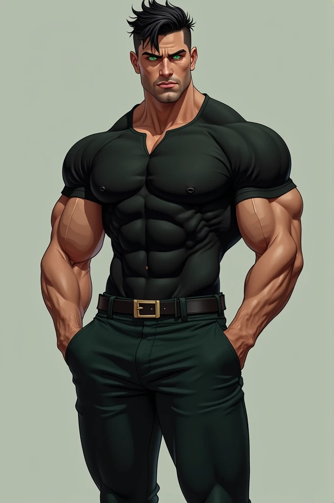 I am a man, muscled with a big penis , black hair emerald eyes , black pants with belt, black short sleeve shirt 