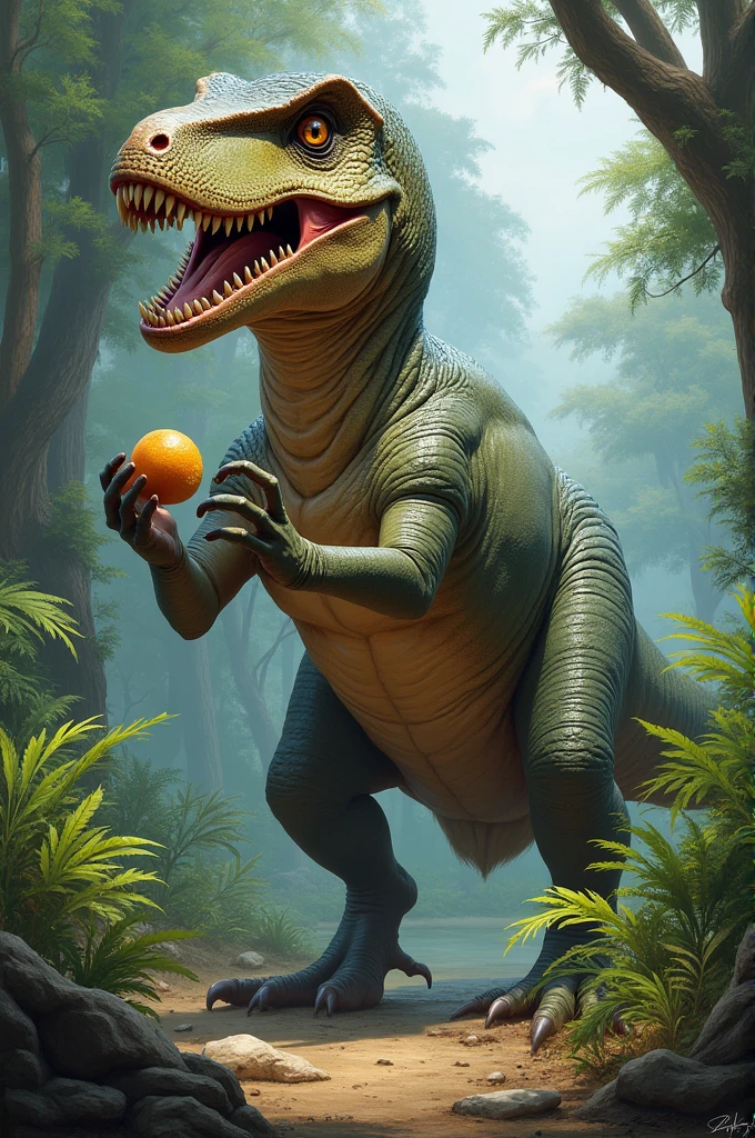 Dinosaur eat food with our hands 