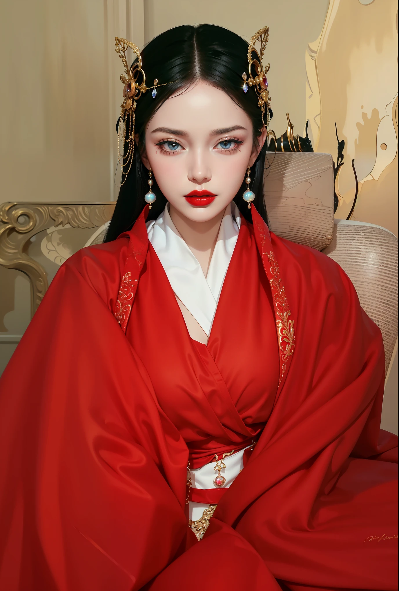 Royal princess，Extremely detailed, Delicate face, Stock Photography , Portrait 400, F1 Camera Lens.6, rich and colorful, Surrealism, Realistic textures, Dramatic Lighting, Thin Film Distiller 800 (8K, original photo, Better quality, masterpiece: 1.2), Extremely detailed, (Extremely delicate skin: 1.2), 8K ultra high definition, SLR camera, Soft Light, high quality.Fire Queen，Blue pupils，Wear red lipstick，Have a tattoo，The tattoo is very three-dimensional，Gorgeous and intricate tattoo designs，Dark eyeshadow，Sexy thick lips(Red lipstick)，Gorgeous pearl and gemstone decoration，Cleopatra wore jewelry made of gold and precious stones.，The stunning Queen，