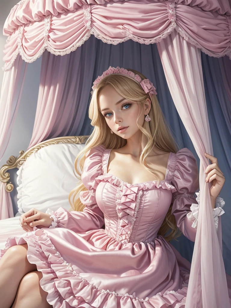 Photography,realistic,highest quality, masterpiece, highest resolution, artwork, super それにget used to it, many get used to it, get used to it, それにget used to it,(), (),(cute woman),(2),((white skins)),((blond hair)),((blue eyes)),the woman,big breasts, very long eyelashes, half open mouth, pink shiny lipgloss is a princess,((girly dark pink satin fabric)), ((A Victorian ballgown princess dress with plenty of pink ruffles and bows and a voluminous full-length hoop skirt.)),long sleeve,long dress,A dress with lots of frills and ribbons..,luxury, ((Palace bedroom)), ((Huge luxury victorian canopy king size princess’s bed)), lots of frilly pillows,ruffle bed skirt,sitting on the bed,high quality beautiful girl,high quality dress,high quality princess’s bed,