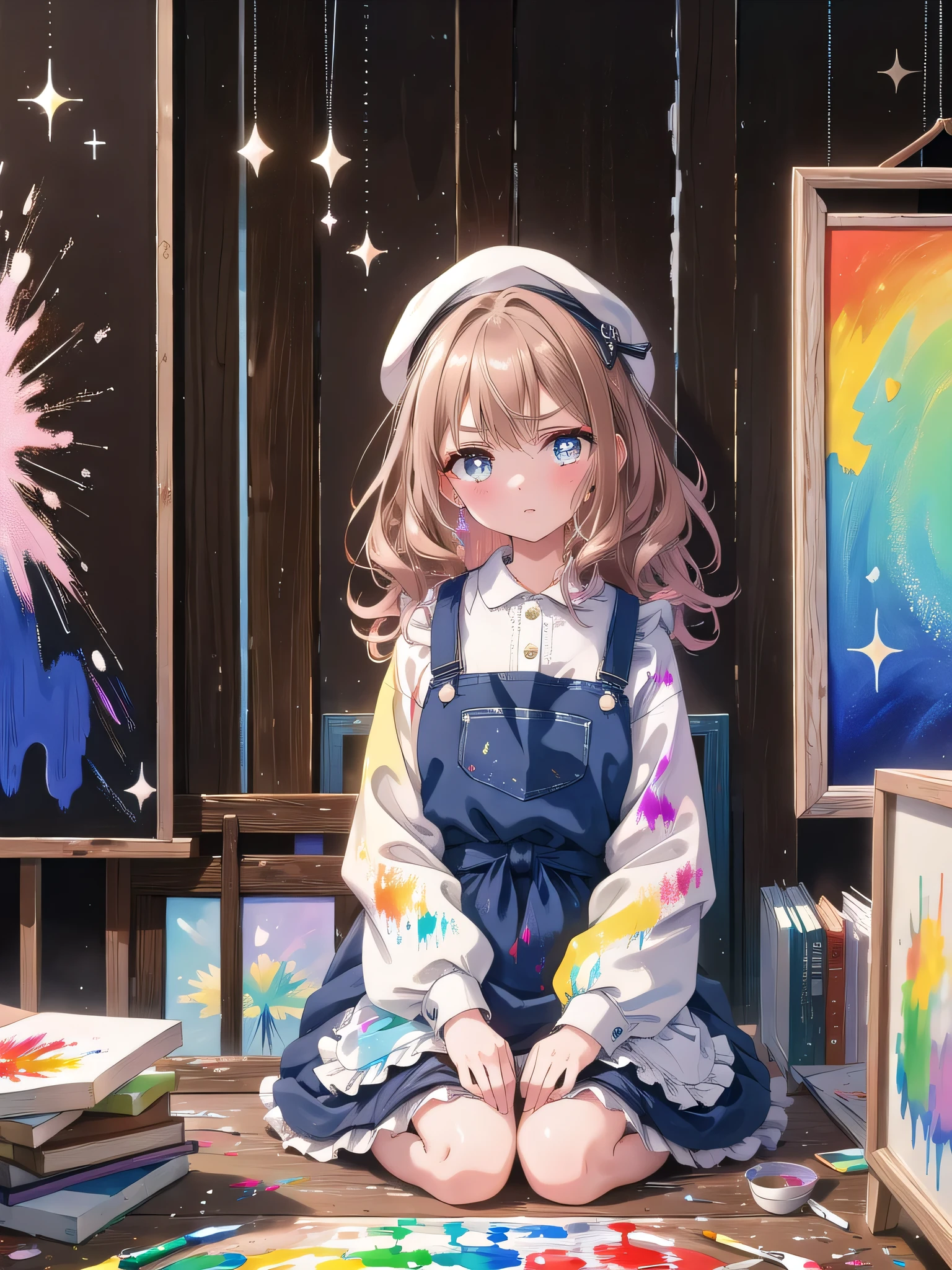 ((8k, Highest quality, masterpiece: 1.3)),Ultra-high resolution,(1 girl, alone), (Color changing eyes, Ultra-detailed, Expressive brilliance, Glitter, Glowing Eyes), Highly detailed eyes, Highly detailed face, Random Hair, ((pastel colour))A young girl with short, wavy brown hair is sitting at an art desk, painting on a canvas. She’s wearing a colorful, paint-splattered apron over her clothes, and her hands are slightly messy with paint. Her expression is one of pure concentration, her eyebrows slightly furrowed and her lips pressed together in a determined line as she focuses on her artwork. Occasionally, she glances up at the viewer with a thoughtful look, as if seeking approval or inspiration. The background features an art studio with various paintings and sketches hung on the walls, and a few other art supplies scattered around.