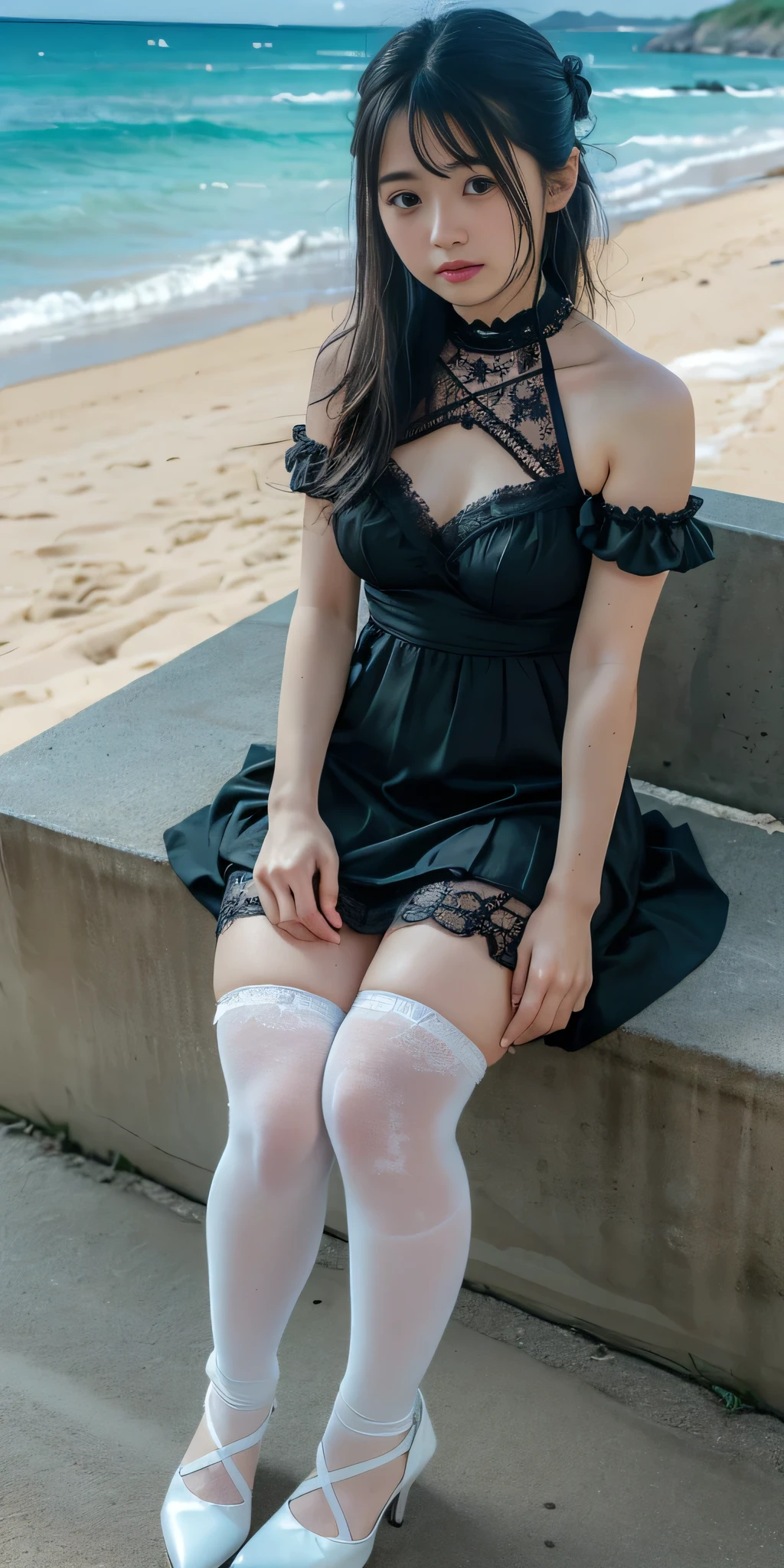 (8k,RAW Photos,Like the picture:1.45),Detailed skin, Detailed face, Detailed eyes, Dutch Angle, Perfect hands, from the front, One person, Cute Japanese Woman, young, Beautiful women in their 20s, 2, Small BreastsOne person, Adult, Mature Woman, Very huge face bigger breasts, Browsing Caution, lingerie, Avatar (series), CHAR-F Avatarseries トフ・ベイフォン シュリク作, (Black Hair:1.2), , Poor Complex (White 1.5) Night dress, , (Long frilly elbow gloves, Lace knee socks, High heels:1.15), (Updo:1.3), Embarrassing, tears, Sitting, wave hands, (A beach in the early summer sunshine)in,