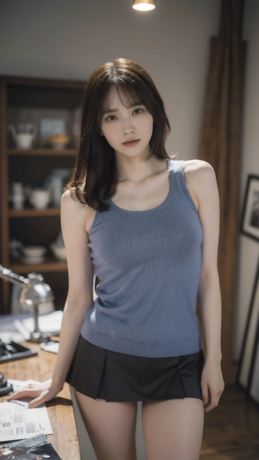 1girl, woman, masterpiece, best quality, highest quality, cinematic lighting, (volumetric lighting), extremely detailed CG unity 8k wallpaper, focused, 8k wallpaper, extremely detailed, ultra realistic, photorealistic, sharp focus, absurdres, (HDR:1.2), (high contrast), photograph, detailed and intricate, instagram, portrait, highly detailed, digital painting, artstation, concept art, smooth, sharp focus, illustration, cinematic lighting, (natural big breast), black short skirt, eyes looking at the viewer, ((medium shoulder)), (skinny, plump thighs), (slender body), (((height 163cm))), (HQ skin:1.4, Realistic human body structure), (medium body shot, hips level shot), (aerial shot photo), (wearing knit strap tank top, short skirt), (real skin of thighs)
