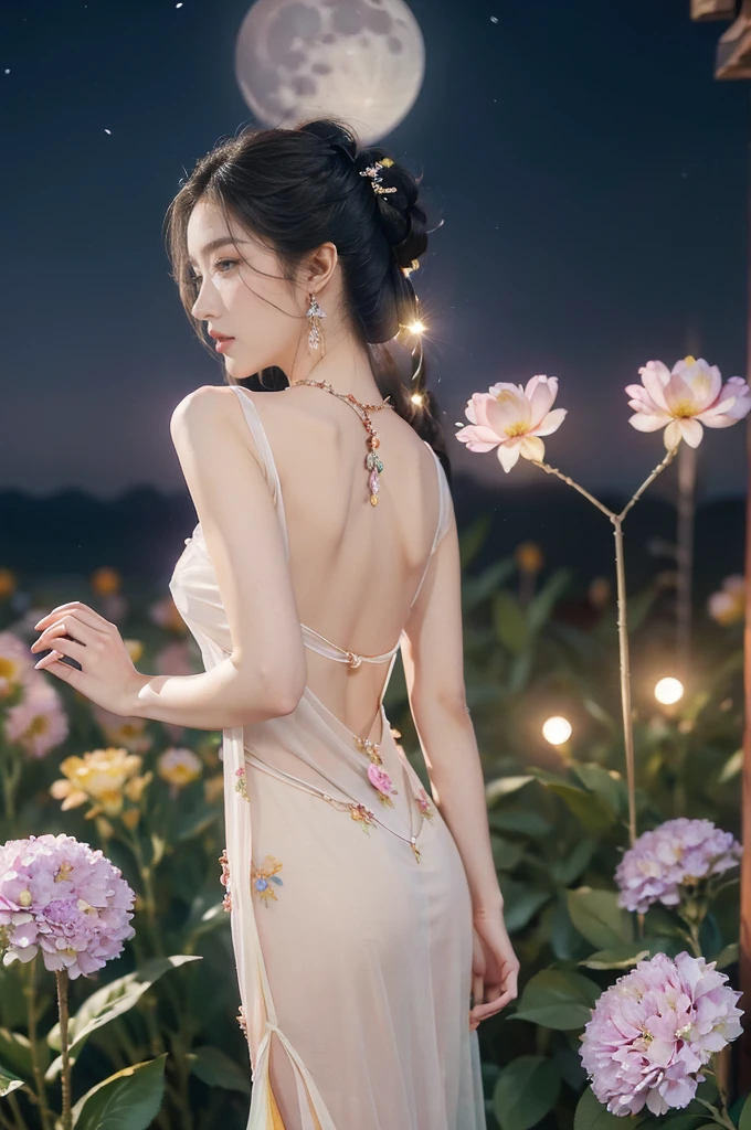 (((best quality))),(((ultra detailed))),(((masterpiece))),illustration,((1 beautiful girl,solo)),(neat chignon:1.2),((earrings,crystal necklace)),((slim,thin)),((bare back,towering hips,butt crack)),(stockings:1.3),(a moon in the clear night sky as the background:1.3), gentle glow,(Standing in the world full of vibrant flowers:1.3),(gorgeous sheer hanfu:1.3),sparkling eyes,graceful,(surrounded by crowded colorful flowers:1.5), kaleidoscope, shimmer,bright moonlight, delicate petals, fragrance, otherworldly, magical realm, enchantment, tranquility, essence of beauty, peace,(outdoor:1.),(night scene:1.3),((from back,upper body))