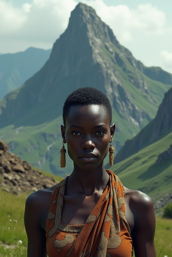 femme africaine ,les cheveux court le regard vers nous ,au sommet d'une montagne
