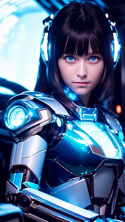 Wide-angle shot, 1 female, Mecha, Glowing dark blue eyes, Very cute face, (Realistic:1.37), バイオMechaニカル, Spaceship interior bokeh background, Ultra-realistic, Very detailed, Very intricate details, Beautiful woman in focus