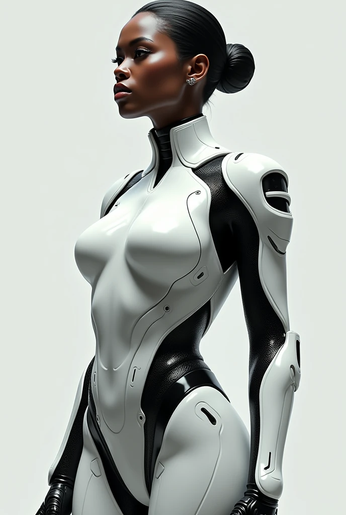 a close up of a woman in a white and black suit, cyberpunk art inspired by Marek Okon, cgsociety contest winner, afrofuturism, in white futuristic armor, thick smooth warframe thighs, cybersuit, cybersuits, gynoid cyborg body, glossy white armor, cyber suit, clothed in cyber armour, porcelain cyborg armor