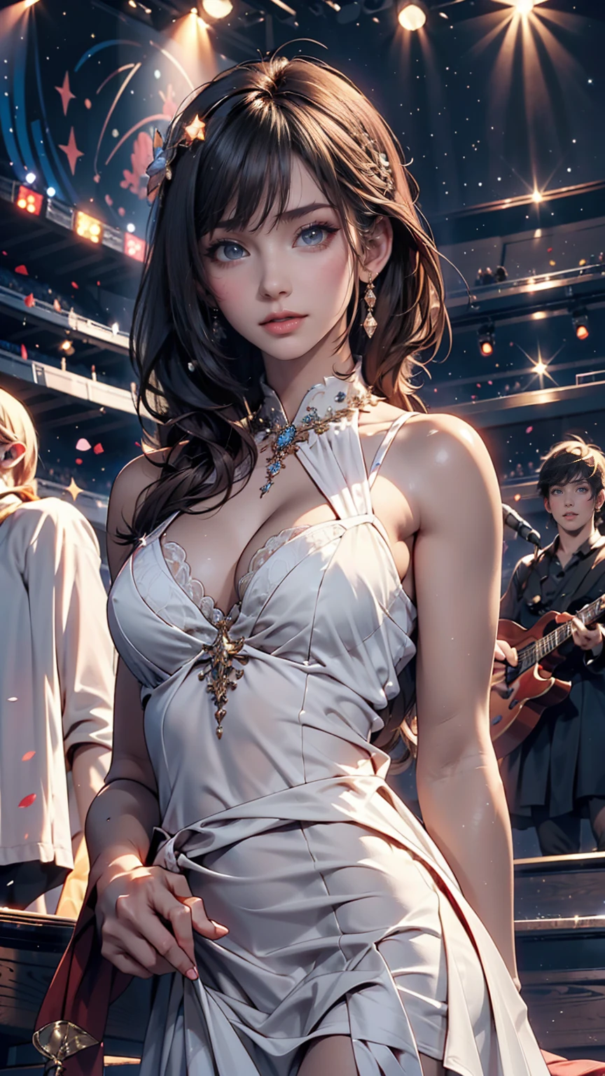 One person, alone, Highest quality, masterpiece , Ruby Hoshino, hair ornaments, Shining Eyes, Stars in my eyes, (Star in the right eye:1), (dress:1.4), (Concert 1), On Stage,