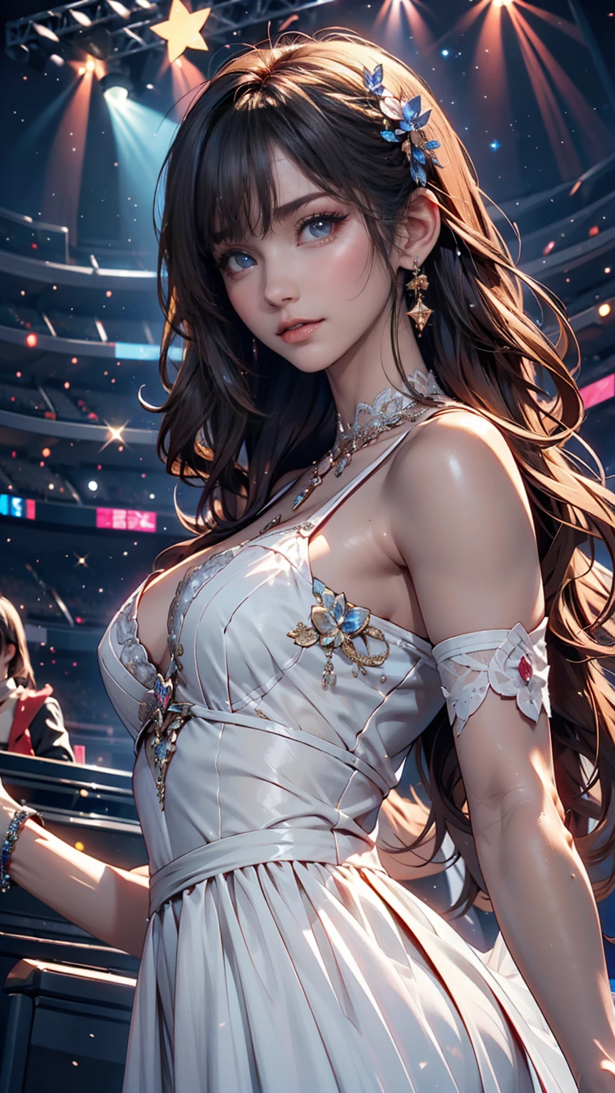 One person, alone, Highest quality, masterpiece , Ruby Hoshino, hair ornaments, Shining Eyes, Stars in my eyes, (Star in the right eye:1), (dress:1.4), (Concert 1), On Stage,