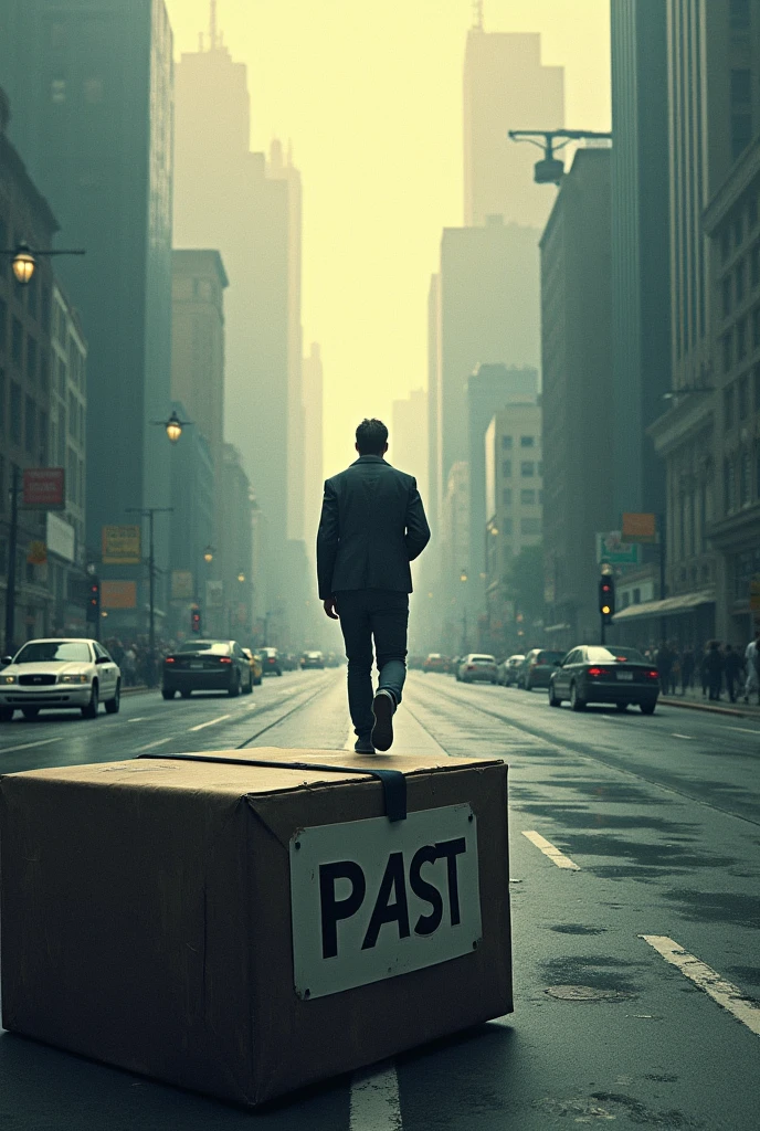 An image where you see a person walking forward and away from a box that says past and is in the city