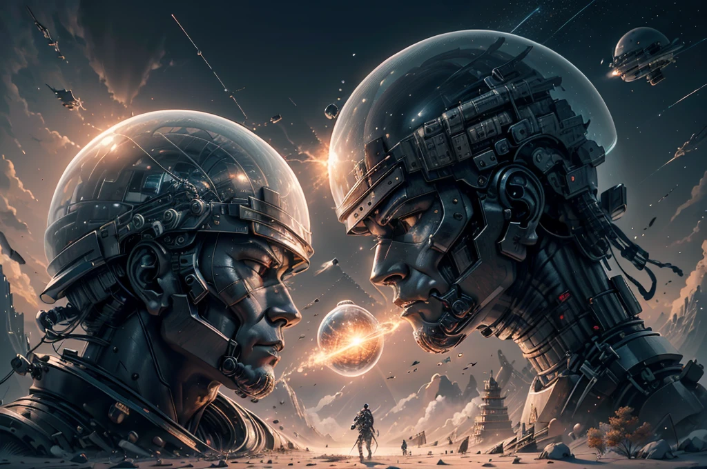 A giant robot (samurai theming, head has helmet styling and a large bubble dome cockpit), lunar surface, stars in back ground, action pose, shooting a rocket fist at viewer connected to mech via chain
