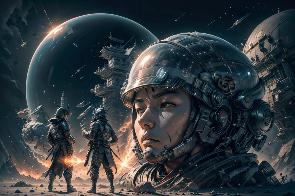 A giant robot (samurai theming, head has helmet styling and a large bubble dome cockpit), lunar surface, stars in back ground, action pose, shooting a rocket fist at viewer connected to mech via chain