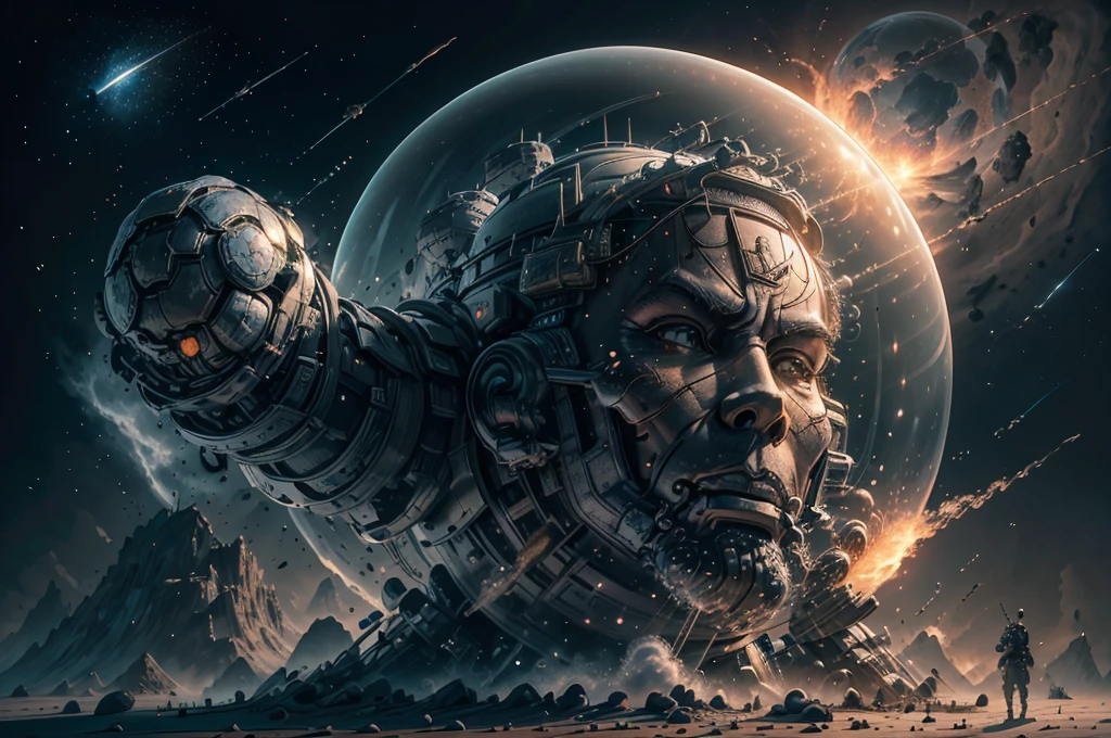 A giant robot (samurai theming, head has helmet styling and a large bubble dome cockpit), lunar surface, stars in back ground, action pose, shooting a rocket fist at viewer connected to mech via chain
