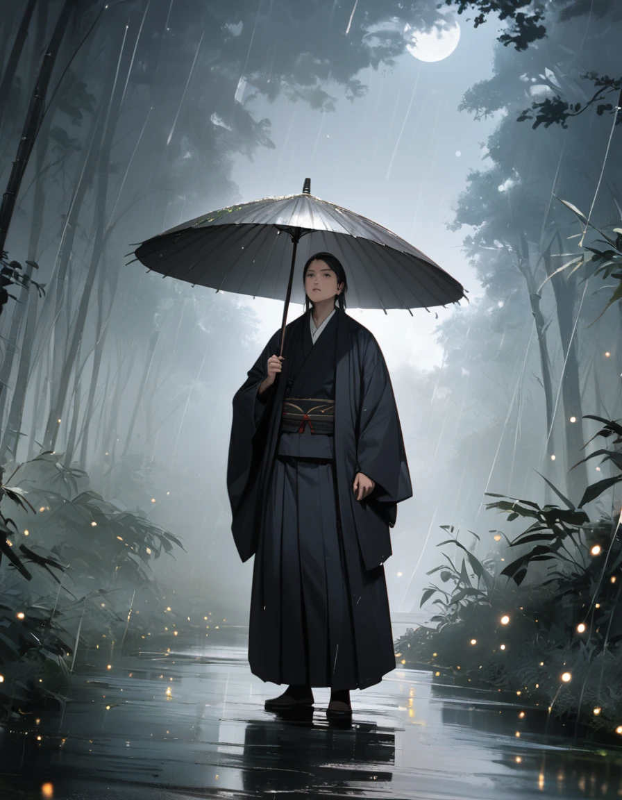 dynamic ink painting of a bamboo grove of japan, great art, great sense of depth, ground level shot, the most beautiful bamboo grove in the world, bamboo leaves shining through rainwater, moon\(pale blue\) with a light overcast,solo, beautiful 1man\(ancient Japanese noble, beautiful kimono, beautiful long black hair\) looking up at the moon holding an umbrella,raining softly, fireflies flying around, bamboo leaves are placed three-dimensionally in the foreground, long shot,colorless,full body ((raining and lightning))