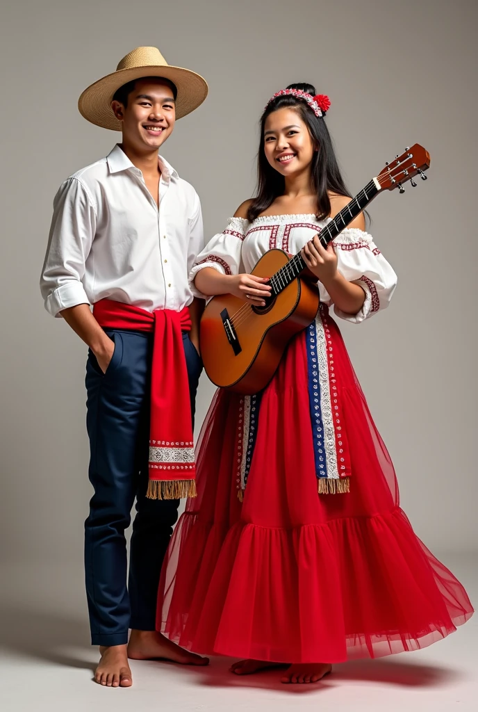Create a couple of young people with typical Paraguayan costumes, Men must wear a white shirt, red sash, white and blue and dark navy blue pants and no shoes. The man must hold a Paraguayan harp and must wear a wide-brimmed straw hat.. Woman holding Paraguayan folk guitar. The woman's dress must be made of red tulle, con red sash blanco y azul y blusa de ñanduti blanco. Also without shoes. Add a Paraguayan flag to the image. The features of the young people must be aboriginal Guaranies. Add the guitar