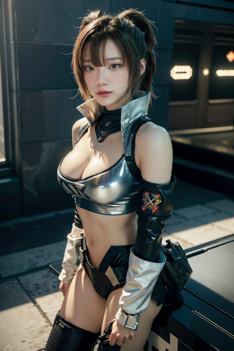 game art，Best picture quality，highest resolution，8ก，((half length photograph))，((Portrait))，(Third rule)，Unreal Engine 5 rendering works， (future girl)，(Female warrior)， 2 young hacker)，(ancient oriental hairstyle)，(Beautiful eyes full of details)，(big breasts)，(eyelid)，elegant and charming，indifferent，((frown))，(A battle suit filled with futuristic technology.，The outfit combines futuristic power armor and，The clothes are decorated with glittering patterns and symbols.)，Cyberpunk characters，In the form of the future， Posing for pictures，city background，lamp，Ray Tracing，CG game，((Real 3D engine))，OC rendering format