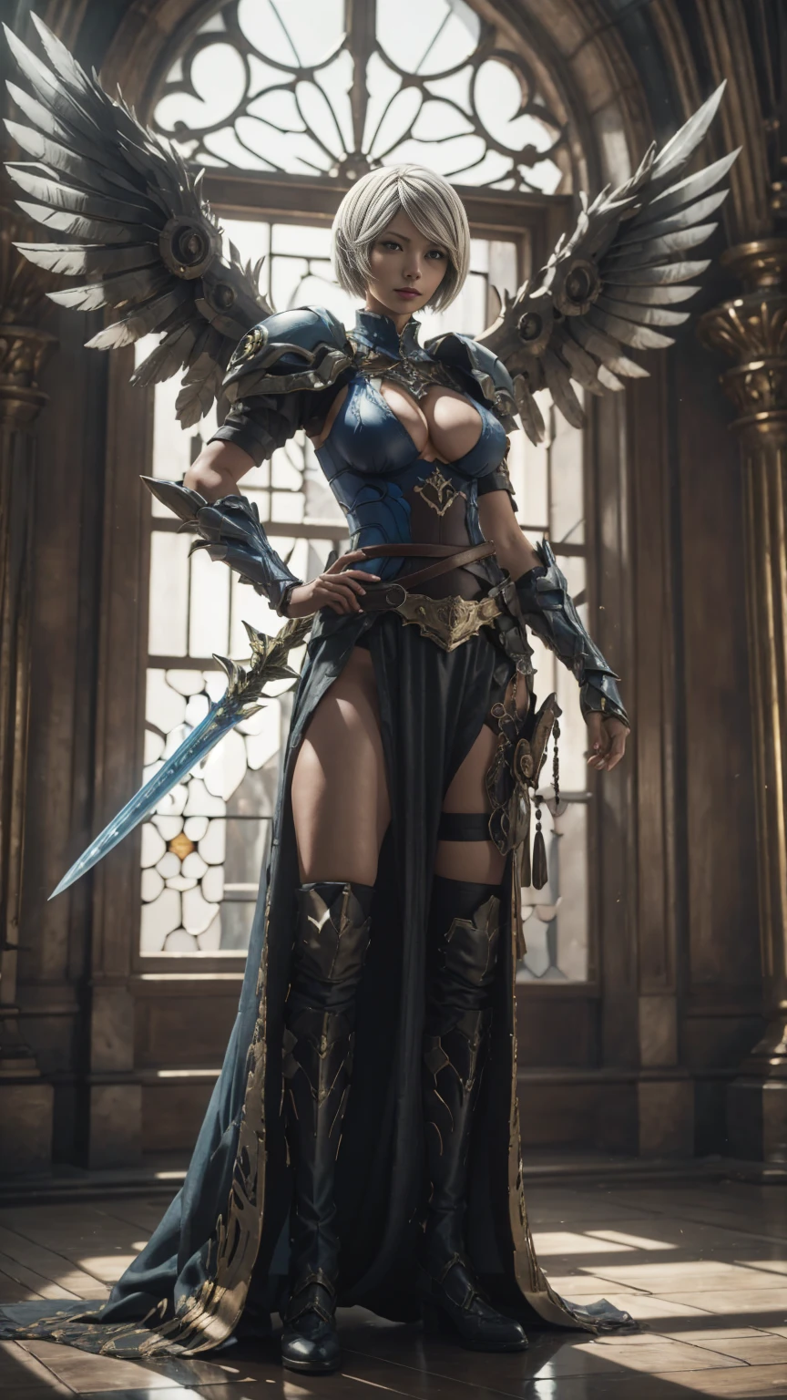 Make a 'kitbash' of Lenneth from 'Valkyrie profile' and 2B from 'Nier: Automata', combine 2B and Lenneth, solo, 1girl, BREAK: sapphire blue plate mech4rmor, (boob window:1.37), thigh cutout, long skirt,belt,white head ornament, wings on hips BREAK: standing contrapposto, (holding glowing sword), (in triumphant pose), light smile, BREAK: plains,castle, BREAK: (better hands, best hands,) (insanely detailed, masterpiece, best quality),