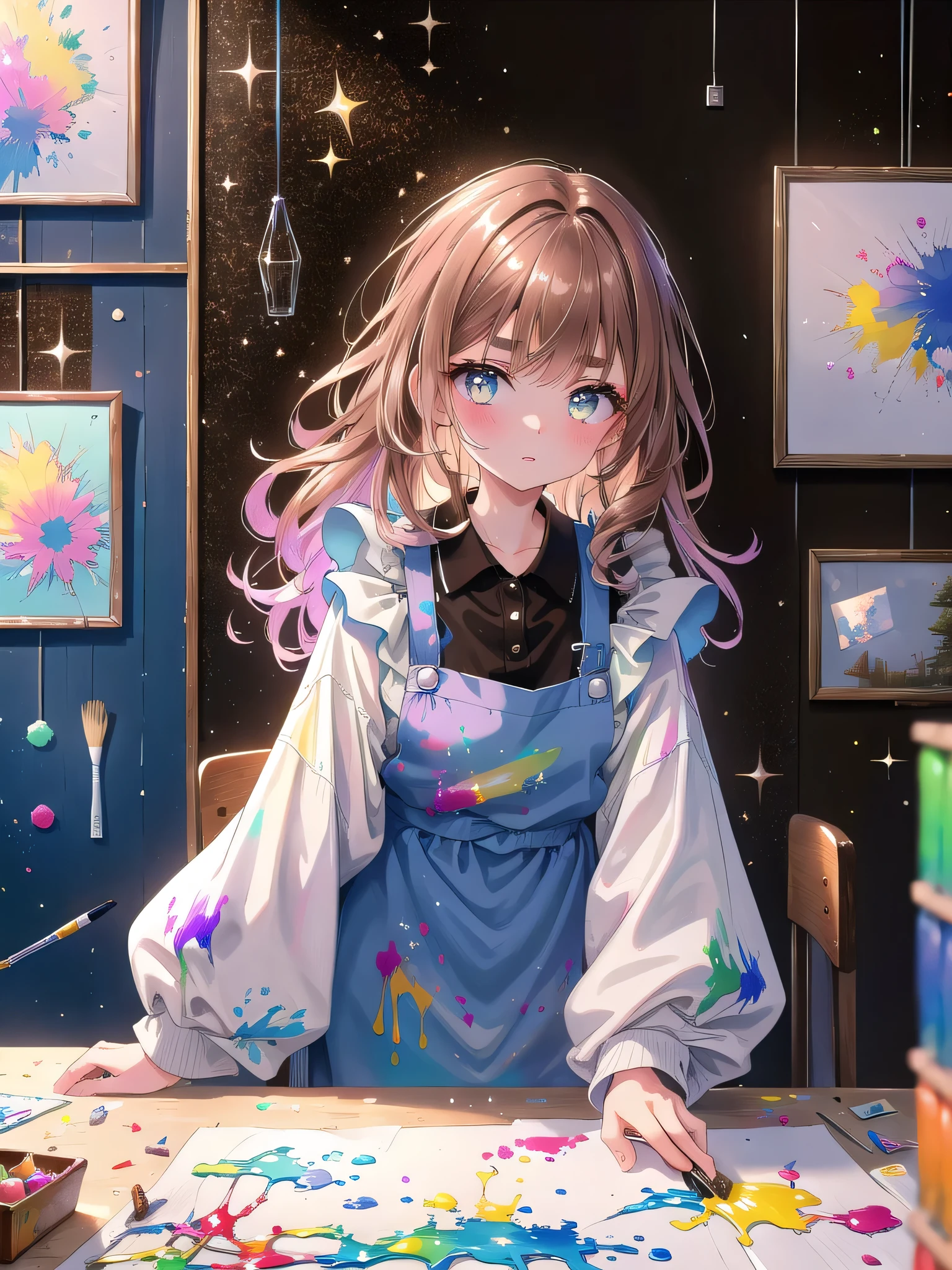((8k, Highest quality, masterpiece: 1.3)),Ultra-high resolution,(1 girl, alone), (Color changing eyes, Ultra-detailed, Expressive brilliance, Glitter, Glowing Eyes), Highly detailed eyes, Highly detailed face, Random Hair, ((pastel colour))A young girl with short, wavy brown hair is sitting at an art desk, painting on a canvas. She’s wearing a colorful, paint-splattered apron over her clothes, and her hands are slightly messy with paint. Her expression is one of pure concentration, her eyebrows slightly furrowed and her lips pressed together in a determined line as she focuses on her artwork. Occasionally, she glances up at the viewer with a thoughtful look, as if seeking approval or inspiration. The background features an art studio with various paintings and sketches hung on the walls, and a few other art supplies scattered around.