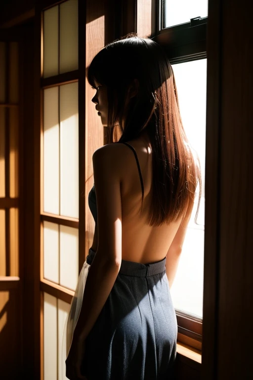 In a dark room、A young Japanese woman with medium-length chestnut hair gazing out the window。A little light shines into the room.、The sense of loneliness is accentuated。back