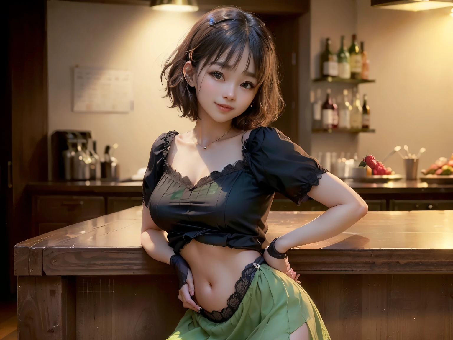 (Highest quality, masterpiece, Ultra-high resolution, 8k, RAW Photos, Realistic, Anatomically correct:1.5), 20-year-old girl:1.2, Embarrassing, avert your eyes, blush:1.0, View Viewer, ((bar)) 、Large windows、Night view、 Light:1.2, Bokeh, Cinema Lighting:1.0, Depth of written boundary, sharp、 Cute Face、Idol、(Black short sleeve lace top)、(Black tulle skirt)、(Green clothes)、”dwarf”、(Full Body Shot)、(Side angle)、Cowboy Shot、( smile)、((Ultra short hair、Berry Short))、(Straight bangs)、((See-through))、(( One woman))、look back、I can see your belly button、
