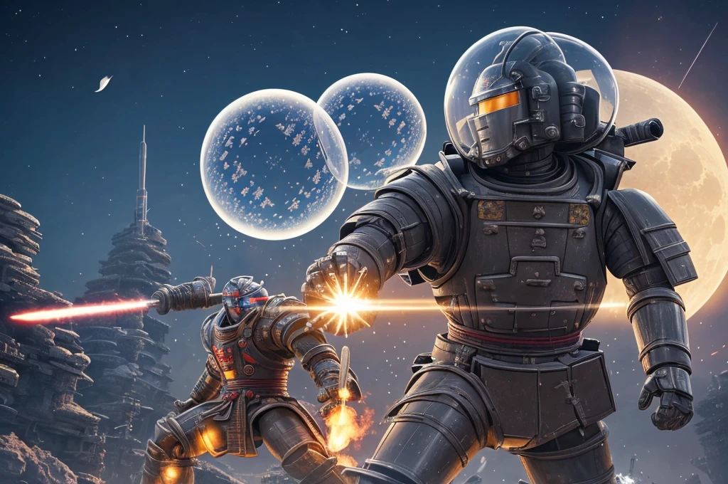 A giant robot (samurai theming, head has helmet styling and a large bubble dome cockpit), lunar surface, stars in back ground, action pose, shooting a rocket fist at viewer connected to mech via chain