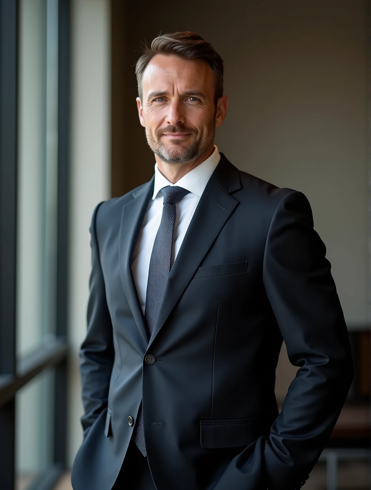 A professional man in a classic 3/4 pose, dressed in a dark business suit, appearing in a formal and polished setting. This profile photo is ideal for social media, with the man displaying confidence and sophistication typical of business professionals. The background is simple and slightly blurred to maintain focus on the subject, emphasizing his business attire and poised demeanor.