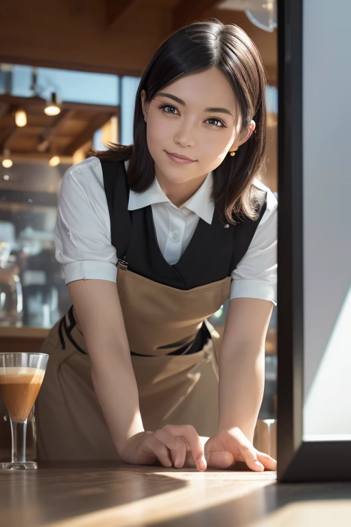 (8k, RAW photo, best quality, masterpiece), (photorealistic), outstanding details, ultra-high resolution, anatomically correct, textured skin, (Extremely precise and accurate anatomy),
Ultra Detailed Face, Detailed Eyes,
1 Girl, (barista) , ( barista uniform) , forehead, (pulled back hair) ,
(Cute Japanese girl , 1 ), light smile,
cinematic lighting in the hair, hair light, wind in the hair,
(open cafe),
(backlighting),
(reflection light from below:1.4),
atmospheric perspective, depth of field,
(dramatic lighting), cinematic lighting,