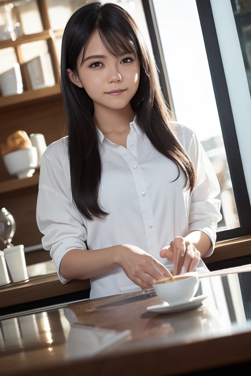 (8k, RAW photo, best quality, masterpiece), (photorealistic), outstanding details, ultra-high resolution, anatomically correct, textured skin, (Extremely precise and accurate anatomy),
Ultra Detailed Face, Detailed Eyes, 

 1 Girl, (barista) , ( barista uniform) , forehead, (pulled back hair) , 
(Cute Japanese girl , 1 ), light smile,
cinematic lighting in the hair, hair light, wind in the hair,
(open cafe), 

(backlighting), 
(reflection light from below:1.4), 
atmospheric perspective, depth of field, 
(dramatic lighting), cinematic lighting, 