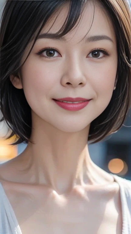 Cute wife、1 person,Slim face ,8k,Super Realistic image quality,Dynamic Shadows,Sparkling eyes,Clear black eyes,Cinema Lighting,Dark back alley,night,Darkness of the city,suit, ((face close up:1.5)),((Smile)),((Random short hair)),((Very short bangs)),close, 8k, RAW Photos, Highest quality, masterpiece,Realistic, photo-Realistic,