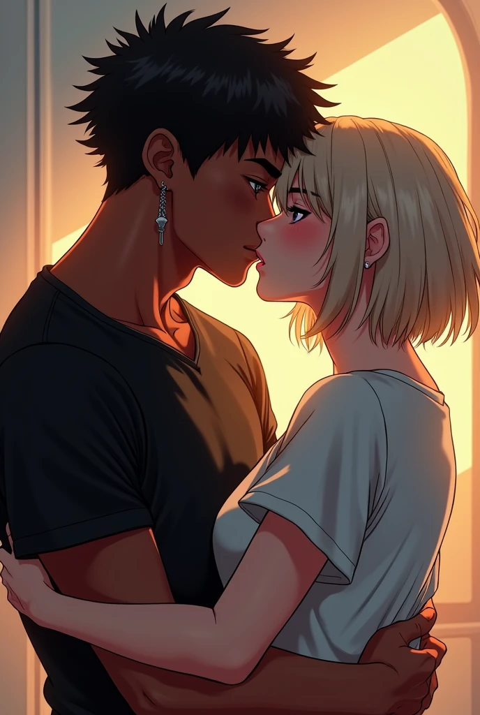 Dark-skinned boy with hair that is not too long or too short with a piercing in his eyebrow and one in his lip in the shape of a fang with a black t-shirt kissing a girl with a short, light-skinned haircut with a t-shirt that makes the girl a little short and chubby and the boy with more muscle and more robust black in anime 