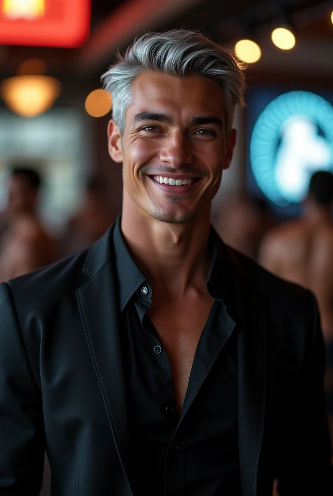 Natural photography of a beautiful handsome boy athletic body , dressed in black clothes, tilted silver hair, normal bust, smiling, in the discotheque staring at the camera, symmetrical eyes, symmetrical face, photorealistic, Photography, route layout, specular lighting, volumetric face light, cabello route layout, visible shadows, Intricate, elaborate