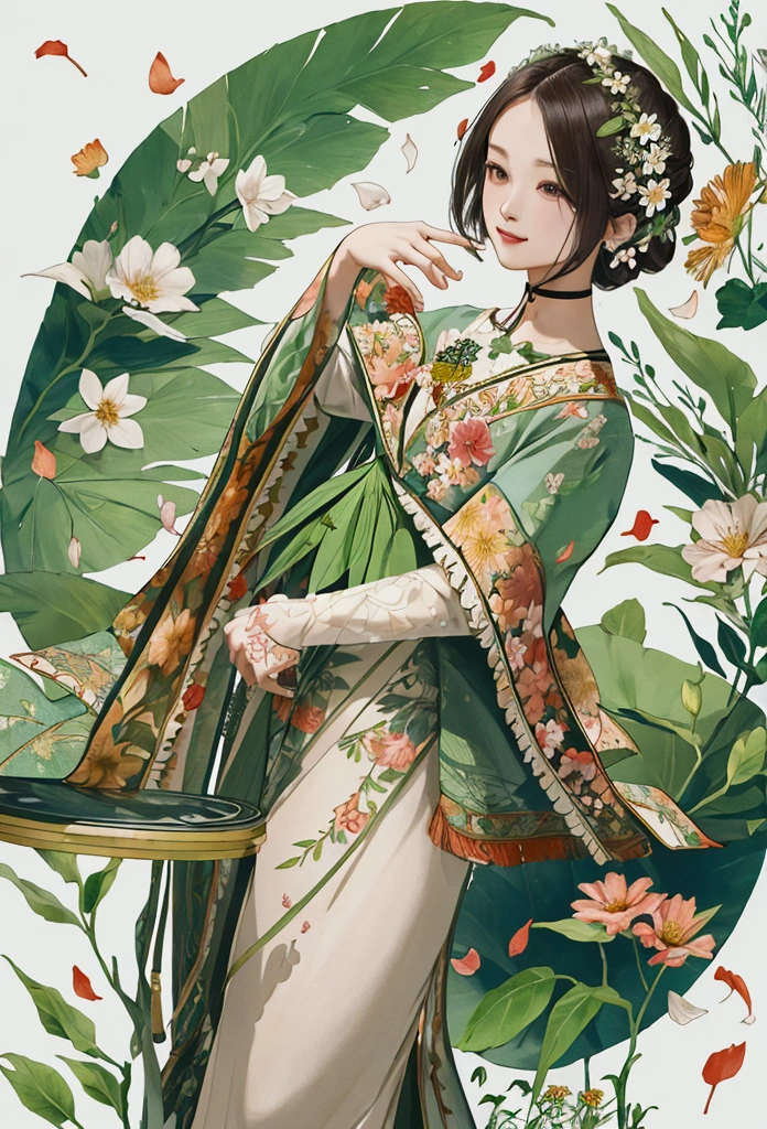 A nature scene, solorful petals and leaves all over the place, cross-stitch pattern, flat sticker design
