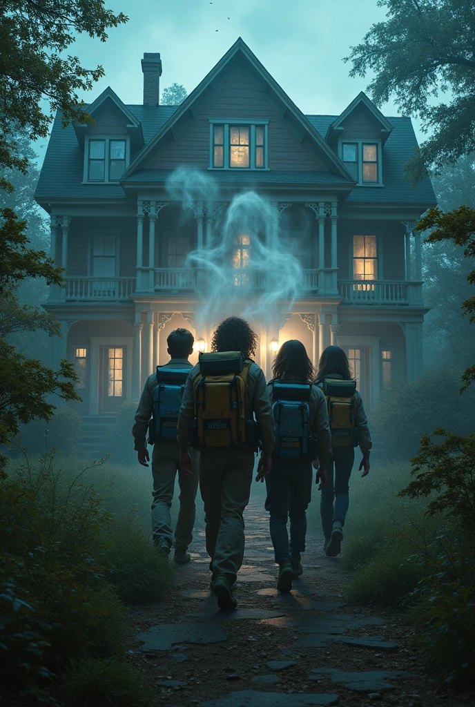 A group of YouTubers in a scary house With ghostbusters' weapons and ghosts around looking at them
