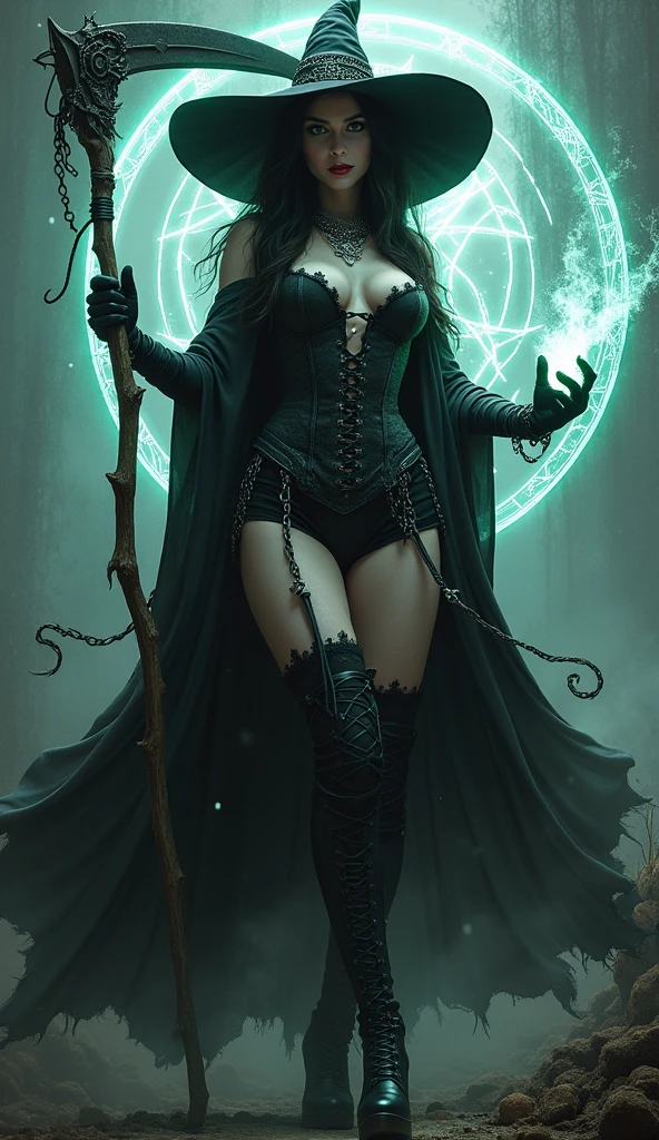 a buff tall emo pale witch gothic angry woman in witch hat, black velvets, lace, fishnets and leather tinged with scarlet or purple, accessorized with tightly laced corsets, gloves, platform boots and silver jewellery depicting occult themes wicked smile evil smirk shredding magic and reaping scythe with swagger with glowing hex circle magic infusion design , depicting occult themes, dead souls coiled around her