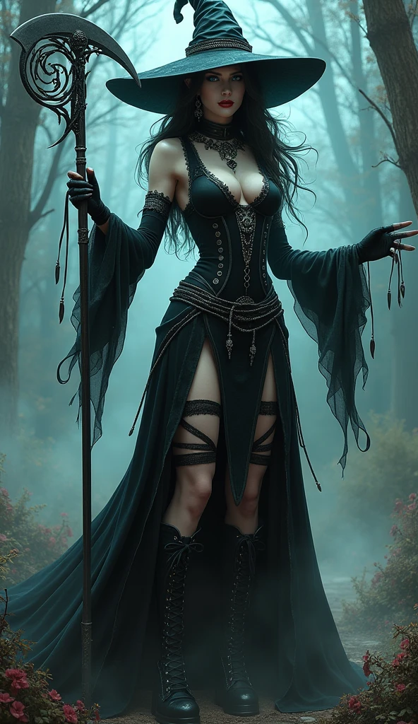  a  buff tall emo pale witch gothic angry woman in witch hat, black velvets, lace, fishnets and leather tinged with scarlet or purple, accessorized with tightly laced corsets, gloves, platform boots and silver jewellery depicting occult themes wicked smile evil smirk  shredding magic and reaping scythe with swagger with  glowing hex circle magic infusion design  , depicting occult themes, dead souls coiled around her 