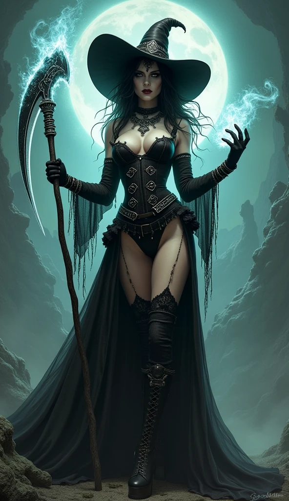 a buff tall emo pale witch gothic angry woman in witch hat, black velvets, lace, fishnets and leather tinged with scarlet or purple, accessorized with tightly laced corsets, gloves, platform boots and silver jewellery depicting occult themes wicked smile evil smirk shredding magic and reaping scythe with swagger with glowing hex circle magic infusion design , depicting occult themes, dead souls coiled around her