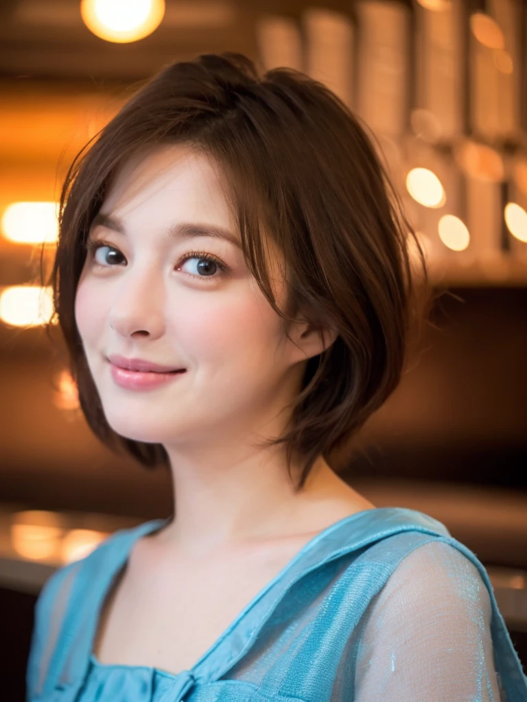 a Close-up portrait of gorgeous smiling cute Japanese woman in a glamorous blue dress outfit, delicate facial features, porcelain-skinned, ponytail, a fusion of young Marion Cotillard's striking eyes and young Anne Hathaway's introspective gaze, long and slender cute face, curved eyebrows, droopy hooded eyes, lower nasal bridge, wavy nose, smiling, thin lips, short pixie cut hair, silhouette, bokeh, lobby bar lounge background,