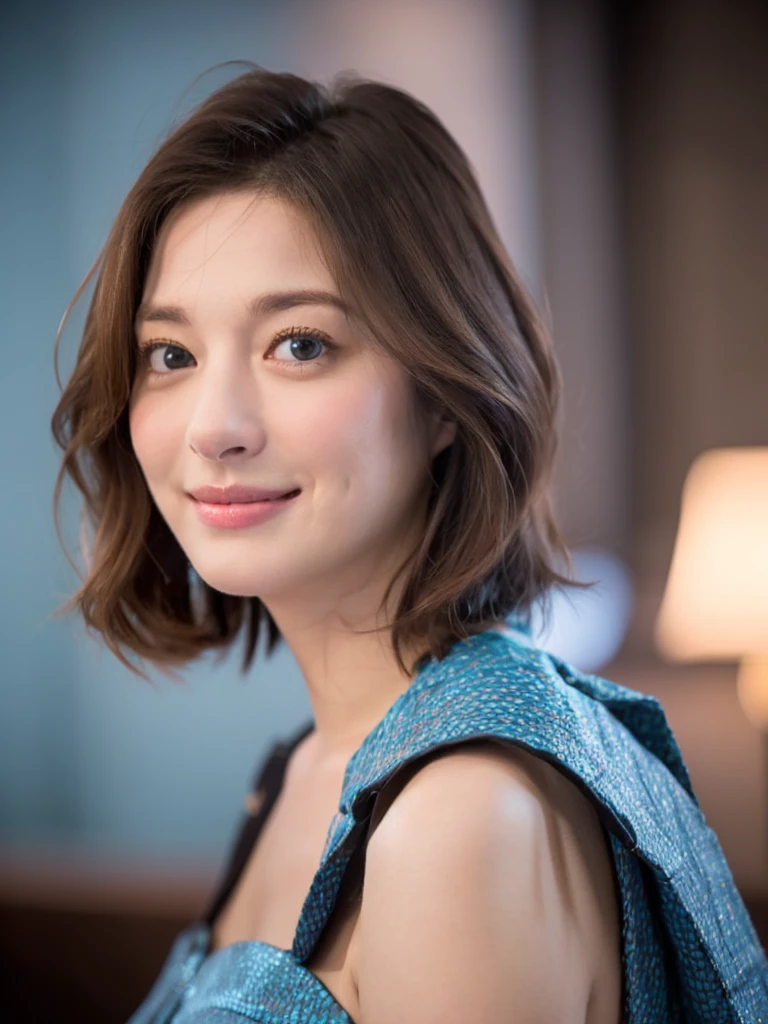 a Close-up portrait of gorgeous smiling cute Japanese woman in a glamorous blue dress outfit, delicate facial features, porcelain-skinned, ponytail, a fusion of young Marion Cotillard's striking eyes and young Anne Hathaway's introspective gaze, long and slender cute face, curved eyebrows, droopy hooded eyes, lower nasal bridge, wavy nose, smiling, thin lips, short pixie cut hair, silhouette, bokeh, lobby bar lounge background,