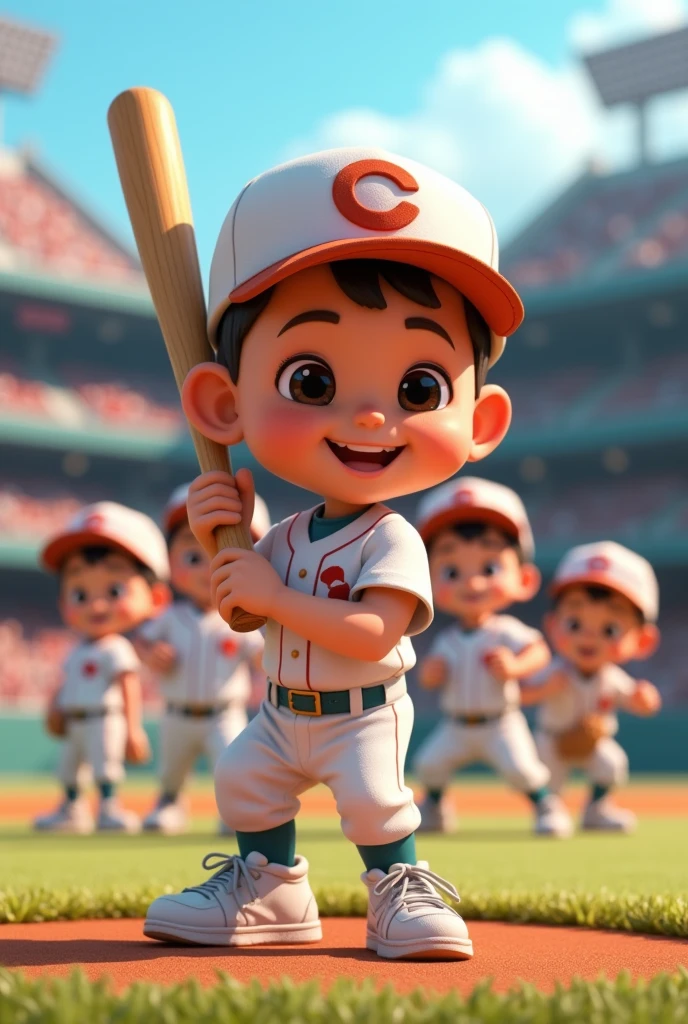   Very cute boy baseball player holding bat in hand baseball player white hat jersey sneakers very cute smiling looking at the audience

             ( perfect anatomy ) Beautiful and extremely fine texture，detailed, bright, Animation style high definition and high quality presentation,There should be 9 baseball players with different actions.