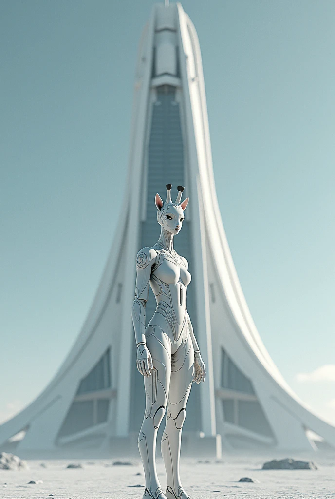araffed dressed in a futuristic suit standing in front of a spaceship, a raytraced image inspired by Marek Okon, cgsociety contest winner, digital art, in white futuristic armor, girl in mecha cyber armor, movie still of a cool cyborg, science fiction suit, sci - fi suit, movie still of a cyborg, diverse cybersuits