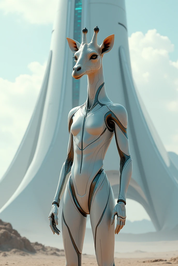 araffed dressed in a futuristic suit standing in front of a spaceship, a raytraced image inspired by Marek Okon, cgsociety contest winner, digital art, in white futuristic armor, girl in mecha cyber armor, movie still of a cool cyborg, science fiction suit, sci - fi suit, movie still of a cyborg, diverse cybersuits