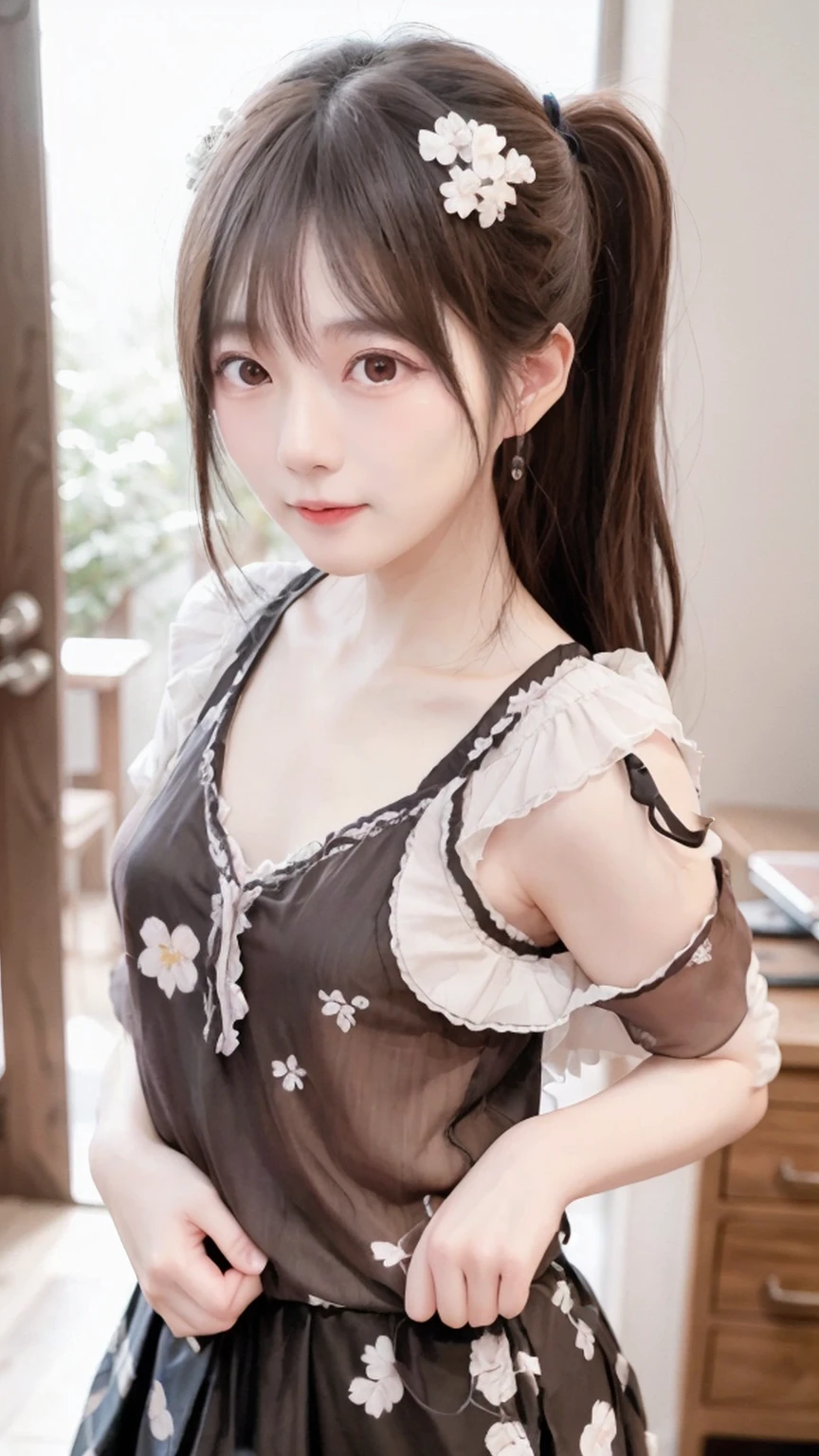 Super cute tsundere、The waist size is 21 inches、A bold request for romantic feelings、A provocative gesture that further accentuates the cleavage line、Cute pleated skirt with a super slim waist、Cute oversized shirt、Secluded and secret location、The highest standard of ultra-high definition full-body photos、(Small face)、No makeup、Sexy lips、Bun hairstyle、