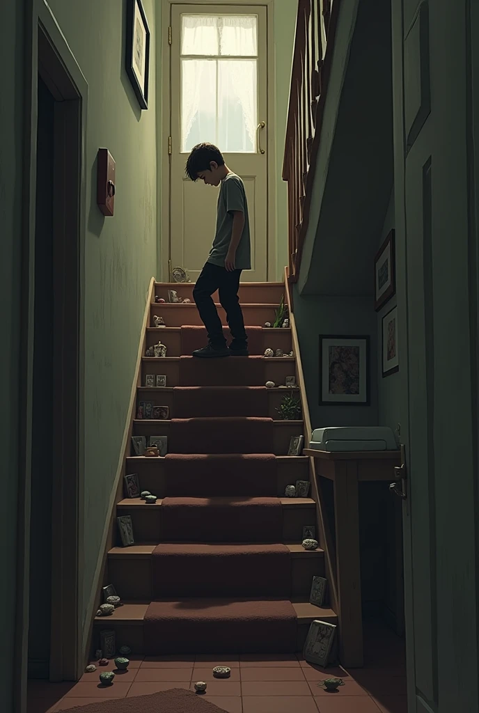 Home stair up climbing sad  son 