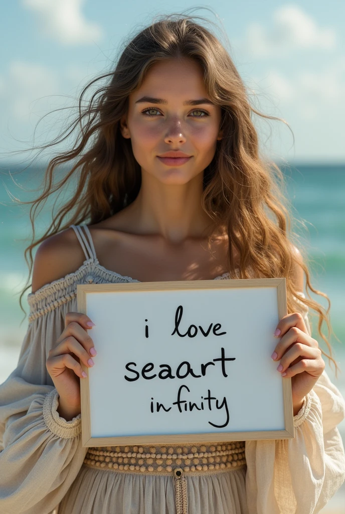 Beautiful girl with wavy long hair, bohemian dress, holding a white board with text "I Love Seaart Infinity" and showing it to the viewer