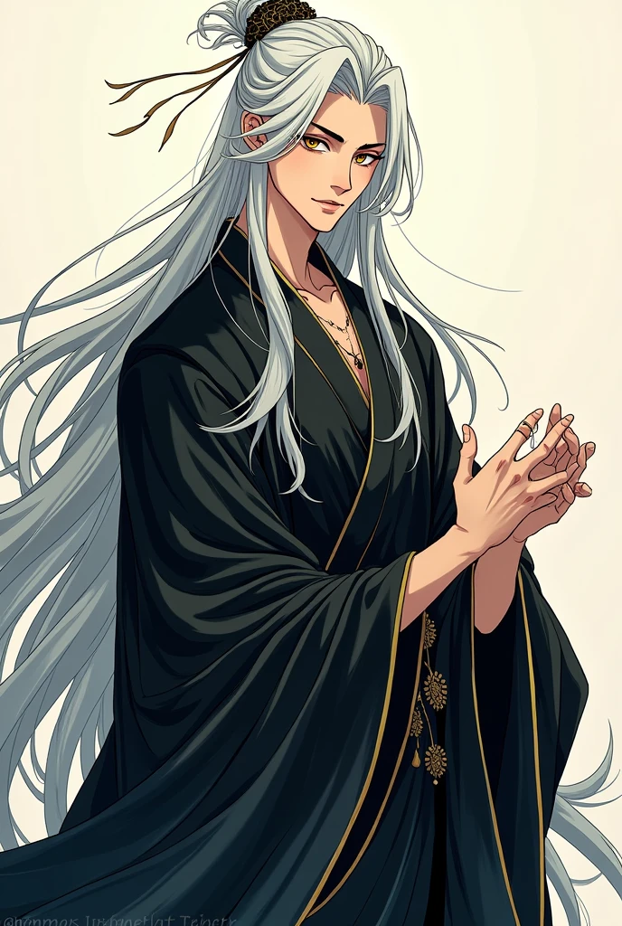 Handsome, solo, 1 male, long hair, white hair, yelow eye, wearing a black Hanfu, bul blackHanfu, Charming male god, manhua stye