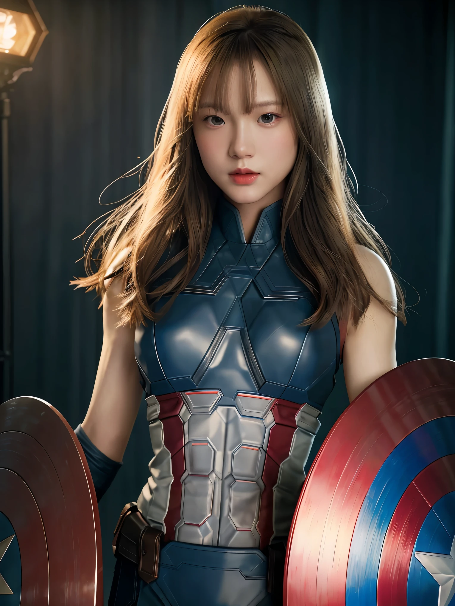 1 girl is captain america 8k, high definition, ใบหน้าที่มีdetails, ใบหน้าที่มีdetails, ดวงตาที่มีdetails, ชุดdetails, In the style of Marvel and DC, Too realistic, + movie shot + dynamic elements, detailsอย่างไม่น่าเชื่อ, sharpen, details + superb details + Evening with light + perfection + Award-winning realism ((mood light))