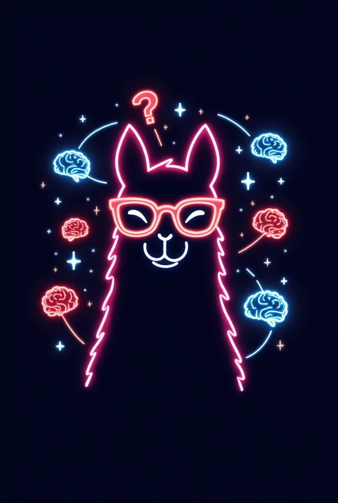 A minimalistic emblem featuring the outline of a llama wearing glasses, drawn with neon colors. The llama is surrounded by multiple simple brain icons, with thin neon lines extending from the llama’s head to the brain symbols, suggesting it is "thinking" or "yzing." The design is purely an outline with no detailing, creating a clean and modern look. The emblem is centered with ample open space around it, making it easy to add large text or additional information. Bright neon lines on a dark background emphasize the psychology theme, making this a vibrant and engaging student poster for a psychology department part
