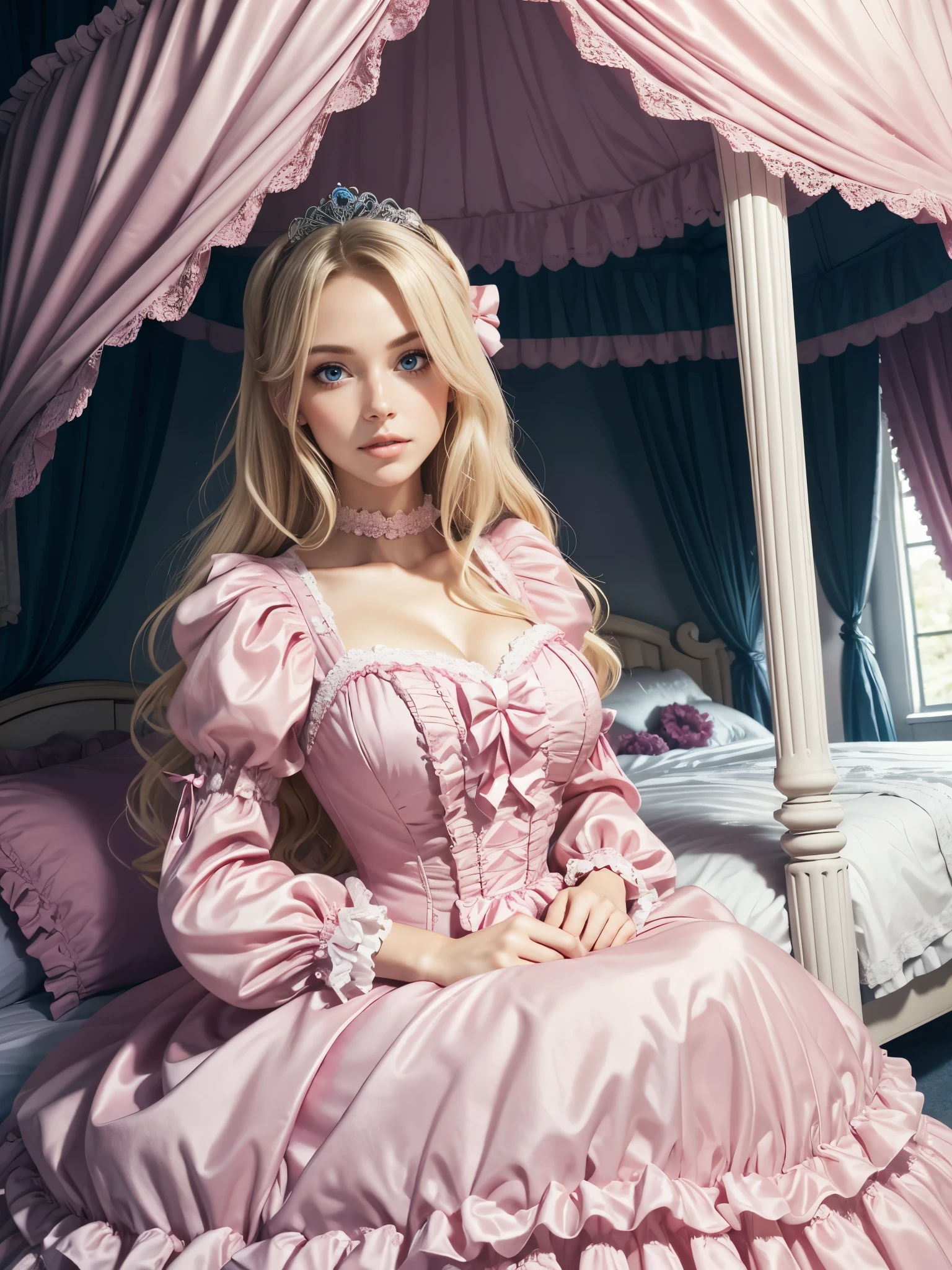 Photography,realistic,highest quality, masterpiece, highest resolution, artwork, super それにget used to it, many get used to it, get used to it, それにget used to it,(), (),(cute woman),(2),((white skins)),((blond hair)),((blue eyes)),the woman,big breasts, very long eyelashes, half open mouth, pink shiny lipgloss is a princess,((girly dark pink satin fabric)), ((A Victorian ballgown princess dress with plenty of pink ruffles and bows and a voluminous full-length hoop skirt.)),long sleeve,long dress,A dress with lots of frills and ribbons..,luxury, ((Palace bedroom)), ((Huge luxury victorian canopy king size princess’s bed)), lots of frilly pillows,ruffle bed skirt,sitting on the bed,high quality beautiful girl,high quality dress,high quality princess’s bed,
