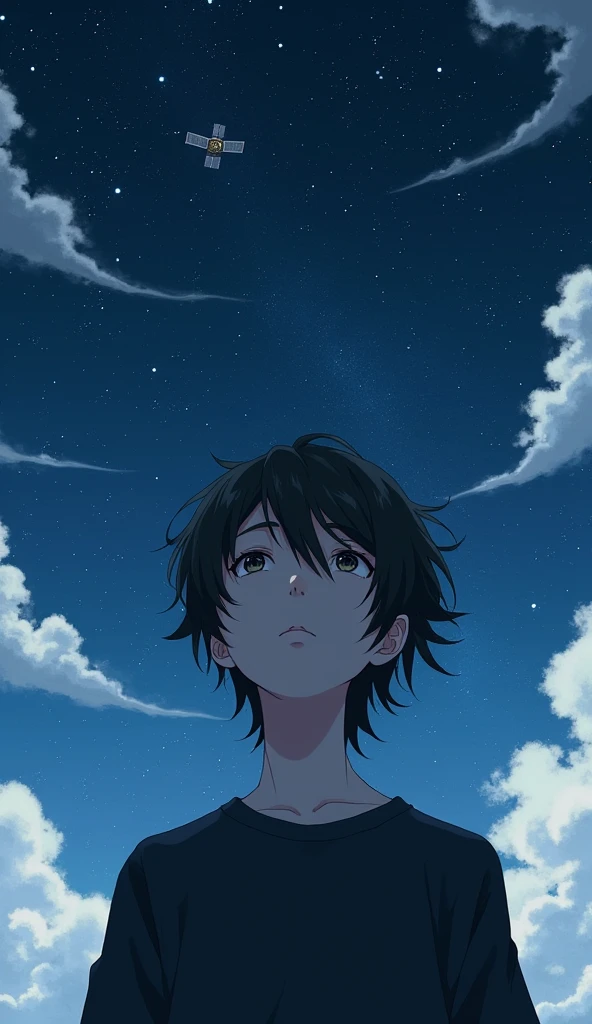 Boy with depression、Japanese、Beautiful Boy、Long Hair、Black T-shirt、Ultra Close-Up、Close-up of face、Real、artificial satellite、Starry Sky、Looking up at the sky、Cloudy、Highest quality、Masterpiece
