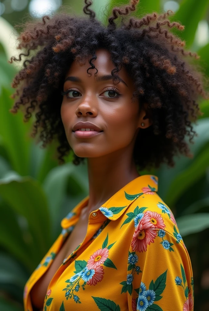 A Brazilian woman in a lush tropical garden, wearing an open shirt with a floral print, with a close-up capturing the harmonious beauty between her breasts and the natural flowers, showing off your natural charm and outgoing personality.